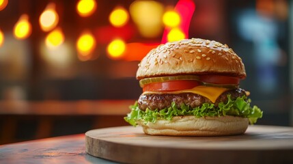 Juicy cheeseburger on a wooden board. Warm lighting creates a cozy atmosphere, perfect for a late-night snack.