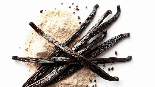 Vanilla beans and vanilla powder are shown, highlighting their rich color and texture.