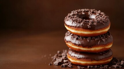 A stack of three chocolate donuts, generously topped with chocolate shavings, sits on a dark brown surface. The rich, dark glaze and chocolate sprinkles create a decadent and tempting image.