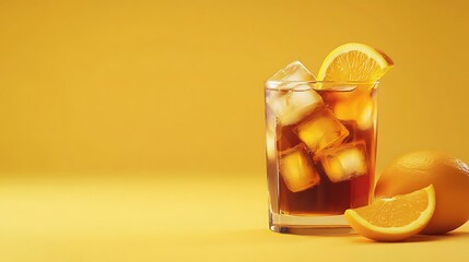 Sweet iced tea with ice cubes and orange slices, cafe style background