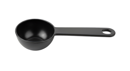 Matte Black Plastic Measuring Spoon with Handle and Hanging Hole.