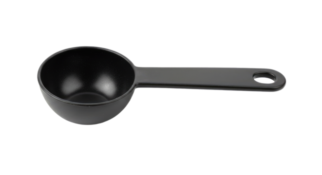 Matte Black Plastic Measuring Spoon with Handle and Hanging Hole.