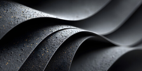 Abstract close-up of dark metallic waves with textured surface and small golden specks, creating a modern, futuristic, and elegant design with smooth flowing curves and dramatic lighting.
