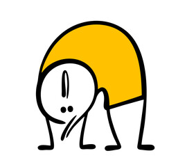 Doodle flexible stickman does an exercise, bends over and gets into a bridge pose. Vector illustration of yoga class. A funny character demonstrates the capabilities of a cartoon body.
