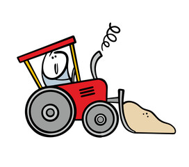Cartoon satisfied worker rides a red tractor, shoveling sand. Vector illustration of doodle toy transport at a construction site. Isolated funny character and car on white background.