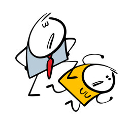 Cartoon male abuser put his foot on the woman. Vector illustration of a husband dominating, offending his wife. The unhappy girl is lying on the floor and suffering from aggression.