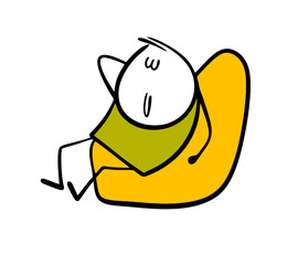 Stick figure cartoon relaxed man is sitting in an easy chair. Vector illustration of a stickman resting, sleeping in a bean bag.