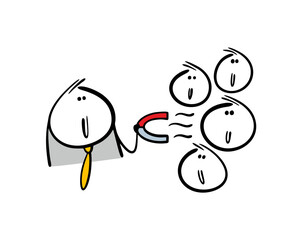 Cunning businessman holds a magnet, attracts customers. Vector illustration of a business strategy to attract customers and partners.