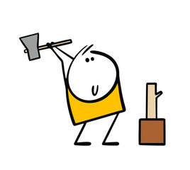 Strong man has an axe raised over his head and is chopping firewood. Vector illustration of the preparation of fuel for heating a winter house in the village. Supplies for a stove or campfire.