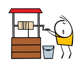 Cartoon stickman turns the handle and takes out a bucket of oxen from the well. Vector illustration of thirst, a man wants to drink or water a vegetable garden in  village.
