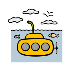 Yellow submarine is floating deep underwater. Vector illustration of an underwater vehicle with a motor and portholes in the ocean.