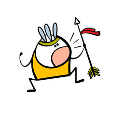 Wild man from North America, an Indian, jumps, screams, attacks the enemy. Vector illustration of a warrior with a spear and feathers on his head.