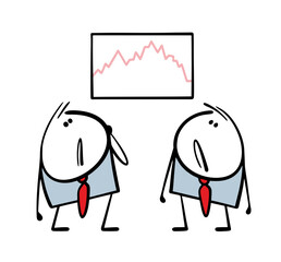 Two businessmen on the stock exchange are looking sadly at the falling share price chart. Vector illustration of failed investments. Bad business strategy.