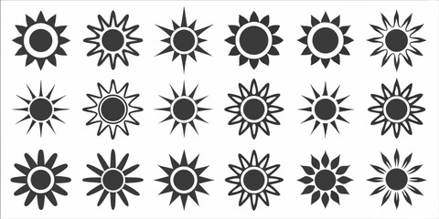 Collection of eighteen sun icons with varying ray styles arranged in a rectangular grid pattern