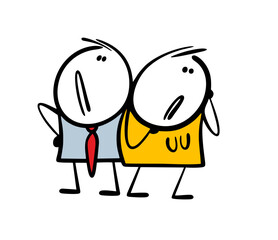 Unsuccessful relationship between wife, husband. Man and  woman stand together, facing away from each other, thinking and sad. Vector illustration of  unhappy family, needs the help of psychologist.