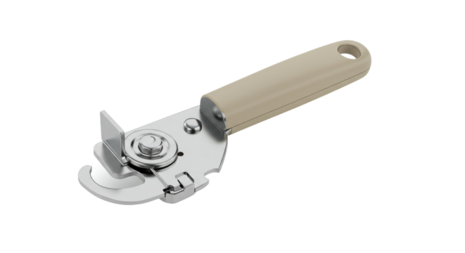 Modern Efficient and Stylish Metal Can Opener with Beige Handle.