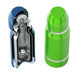 Diagram showing vacuum flask layers on transparent background. 3D illustration