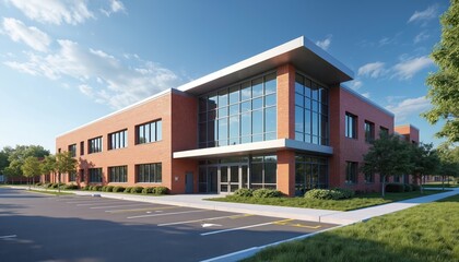 Obraz na płótnie Canvas Modern school building exterior with parking lot. Brick facade, large glass windows. Green grass lawn, trees, clear blue sky. Education concept, back to school theme, learning environment.