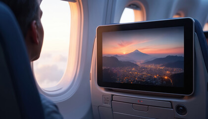 Airplane in-flight entertainment system screen displays sunset scenery. Passenger viewing outside window. Travel tech concept, modern transport, business travel, vacation. Aircraft cabin interior,