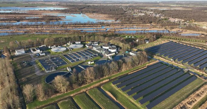 cleaning of water on industrial scale, waste water treatment plant. Purifying water. Aerial view. The Netherlands.