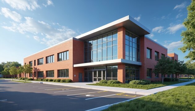 Modern school building exterior with parking lot. Brick facade, large glass windows. Green grass lawn, trees, clear blue sky. Education concept, back to school theme, learning environment.