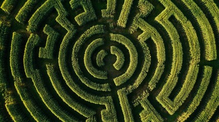 Aerial view of a lush green maze, its intricate pathways forming concentric circles. A captivating pattern of nature's design.