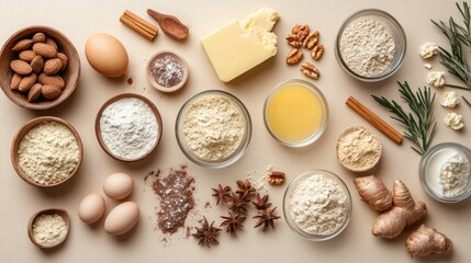 A flat lay showcasing various baking ingredients, including nuts, eggs, different types of flour, and spices.  Perfect for recipes and cooking blogs.