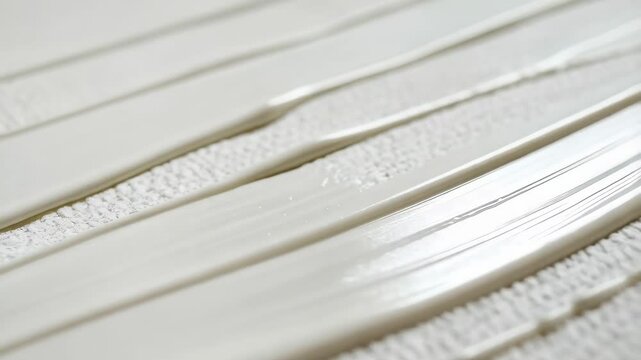 Close-up of light white paste strips on white textured surface, featuring straight, parallel lines and bright light