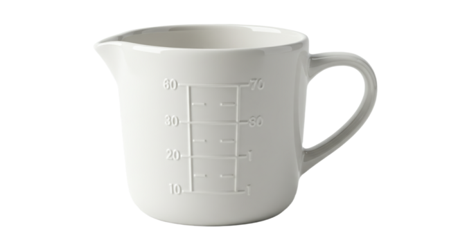 OffWhite Ceramic Measuring Jug with Handle and Embossed Markings.