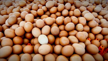 A very large mound of eggs displayed in a shop