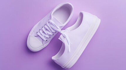 A pair of lavender canvas sneakers on a matching purple background.  The shoes are laced up and ready to wear. Soft, pastel tones create a calm and stylish vibe.