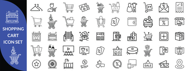 Shopping cart icon set. E-commerce and Shopping line editable icon set. Contains icons related to mobile shop, shopping cart, testimonials, shipping and delivery, fashion and more. Editable stroke