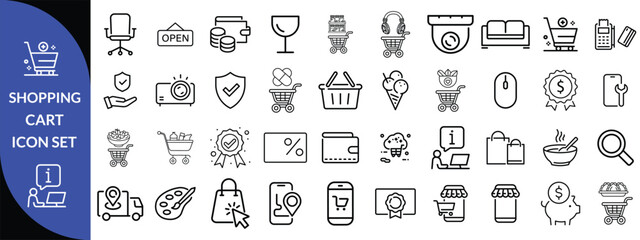 Shopping cart icon set. E-commerce and Shopping line editable icon set. Contains icons related to mobile shop, shopping cart, testimonials, shipping and delivery, fashion and more. Editable stroke
