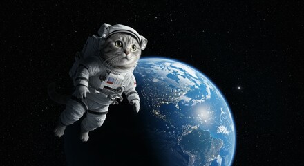 A gray tabby cat floats in space, wearing an astronaut suit. Earth is visible in the background.