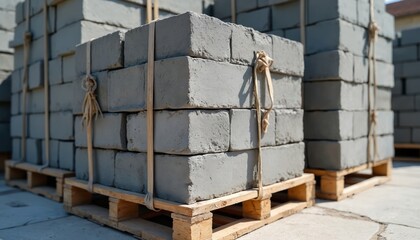 Concrete paving stones stacked secured on wooden pallets outdoors. Grey block material building site construction. Inventory supply for infrastructure project development.