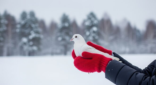 Hands holding white dove while standing in snowy winter landscape