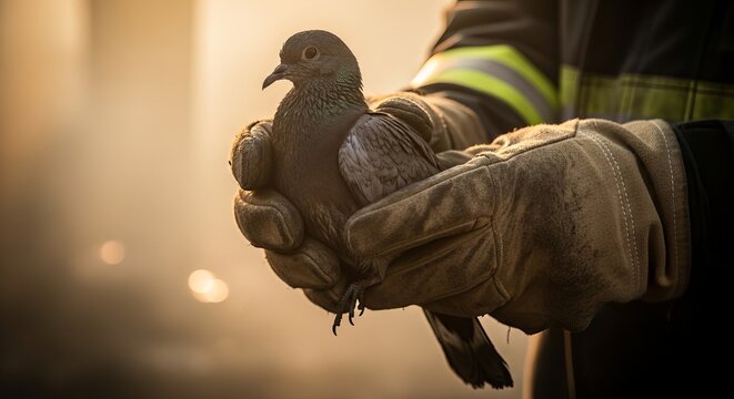 Firefighter holding rescued pigeon in protective gloves at sunset - Powered by Adobe