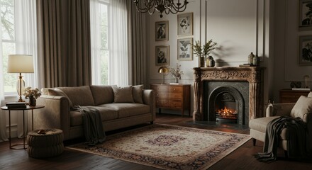 Cozy living room with a beige sofa, ornate fireplace, and warm lighting. The room features a calming, neutral color palette and creates a relaxing atmosphere.