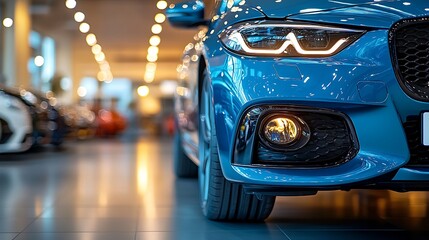 Blue car showroom with headlights detail.