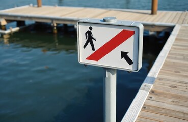 Navigation sign, indicating no pedestrian crossing, at end of the pier. Warning symbol against walking on the waterway at wooden pier. Safety, regulation, traffic sign on water transport.