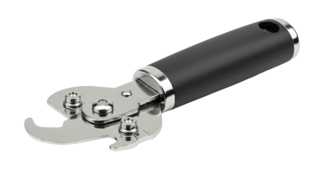 Shiny Metal Can Opener with Black Handle and Silver Accents.