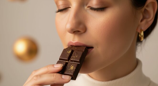 Woman enjoying dark chocolate bar. Indulgent moment for World Chocolate Day. Gourmet dessert tasting by young adult with closed eyes.