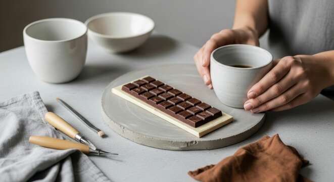 Woman holding a cup of hot drink with a chocolate bar on a concrete tray beside her. World Chocolate Day concept.