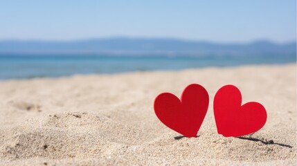 Fototapeta premium Two red hearts on the beach