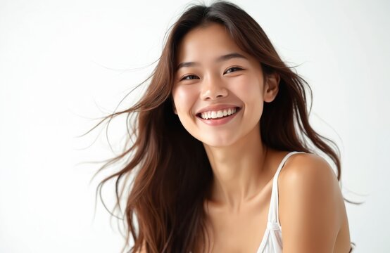 Young asian woman smiling with perfect white teeth. Studio portrait of cheerful attractive girl with long brown hair, natural makeup. Happy lady on white background for beauty, dentistry, healthcare