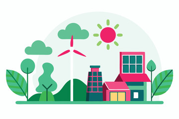 Colorful Eco-Friendly Cityscape with Wind Turbine, Solar Panels, and Greenery