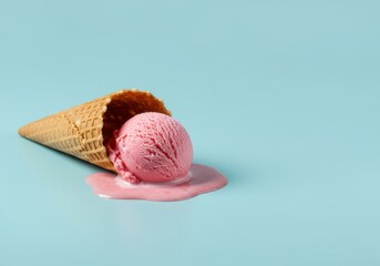 A fallen pink ice cream cone melting on a light blue background creating a sweet summer treat mess