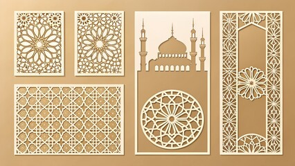 Templates for laser cutting, plotter cutting, printing. Square line patterns set. Geometric design cut out of paper. Mandala Islamic die cut ornament. Fretwork panels, cutout silhouette stencils.