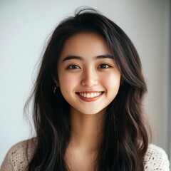 Naklejka premium Radiant Smile: A captivating portrait of a young woman exudes warmth and approachability, showcasing her natural beauty with a genuine, heartwarming smile.