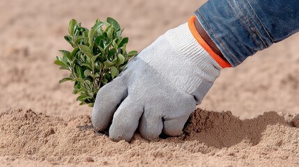 Gardener planting sapling, close-up of hand in gloves setting young plant in soil, promoting sustainability and growth.